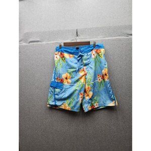Mens OP Blue Hawaiian Floral Swim Trunks M (32-34) Polyester Lightweight